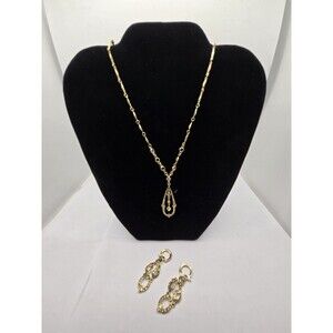 Vintage Signed MONET Gold‑Tone Marcasite & Rhinestone Pendant Necklace + Earring